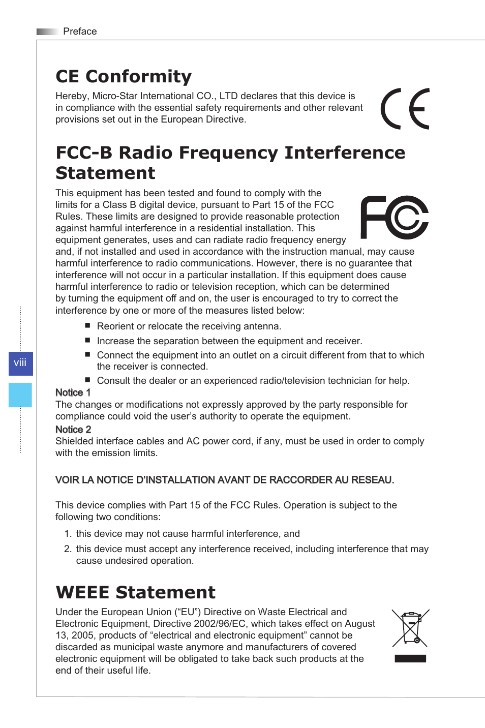 Ce conformity, Fcc-b radio frequency interference statement, Weee statement | MSI AG270 User Manual | Page 8 / 59