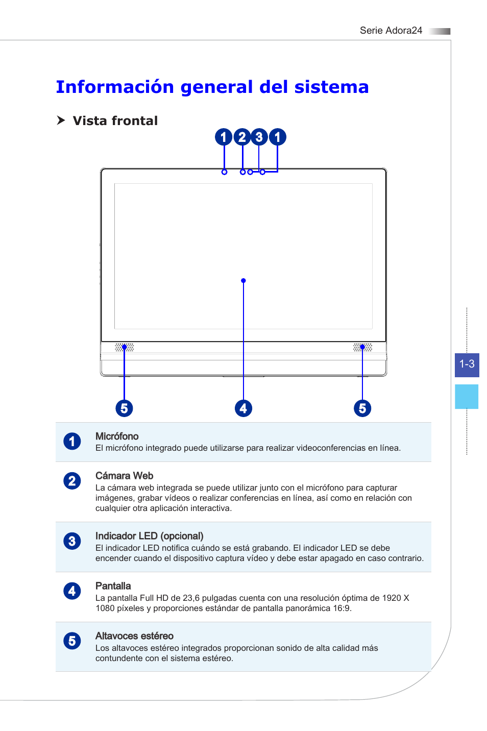 Información general del sistema, Vista frontal | MSI ADORA24G 0NC User Manual | Page 15 / 91