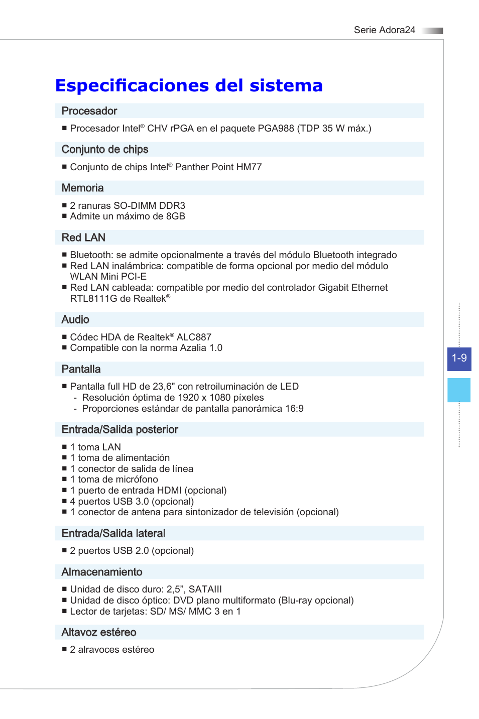 Especificaciones del sistema | MSI ADORA24G 0NC User Manual | Page 21 / 91