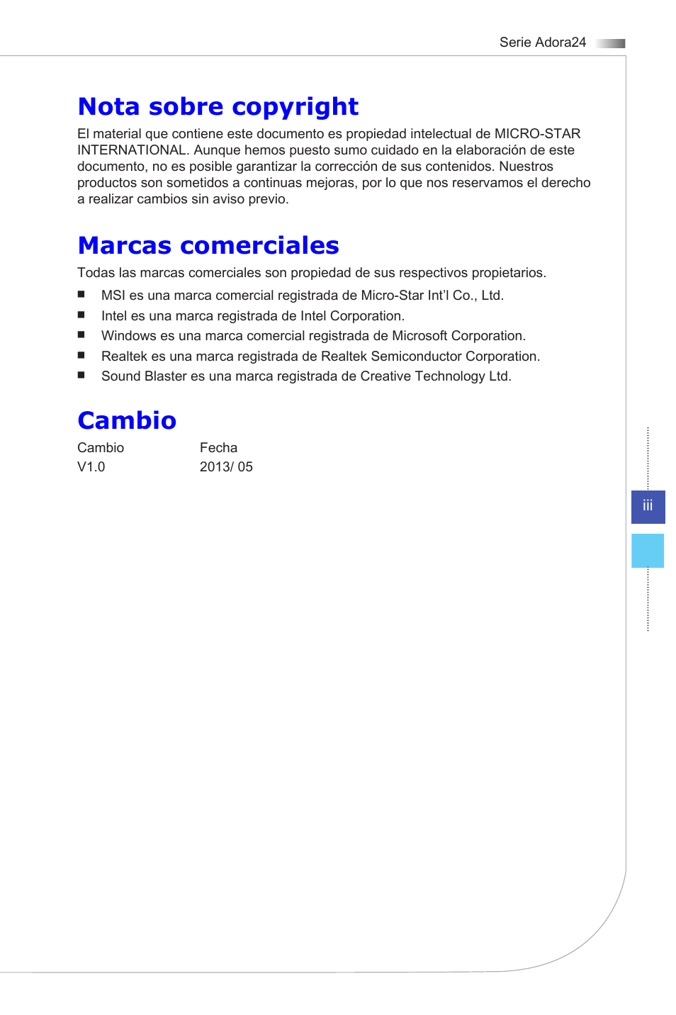 Nota sobre copyright, Marcas comerciales, Cambio | MSI ADORA24G 0NC User Manual | Page 3 / 91