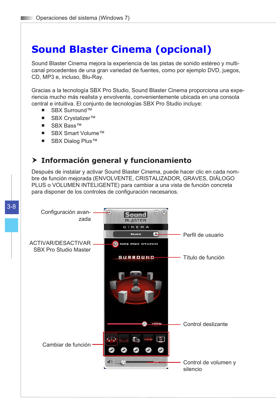 Sound blaster cinema (opcional), Información general y funcionamiento | MSI ADORA24G 0NC User Manual | Page 38 / 91