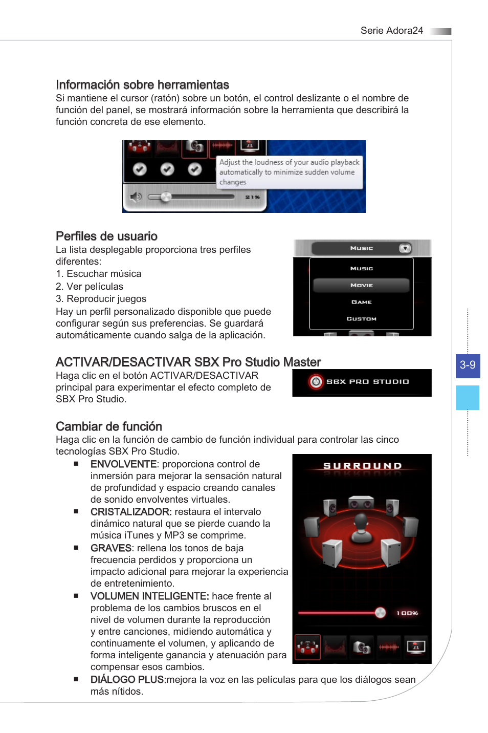 Información sobre herramientas, Perfiles de usuario, Activar/desactivar sbx pro studio master | Cambiar de función | MSI ADORA24G 0NC User Manual | Page 39 / 91