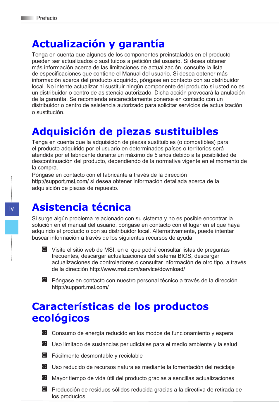 Actualización y garantía, Adquisición de piezas sustituibles, Asistencia técnica | Características de los productos ecológicos | MSI ADORA24G 0NC User Manual | Page 4 / 91