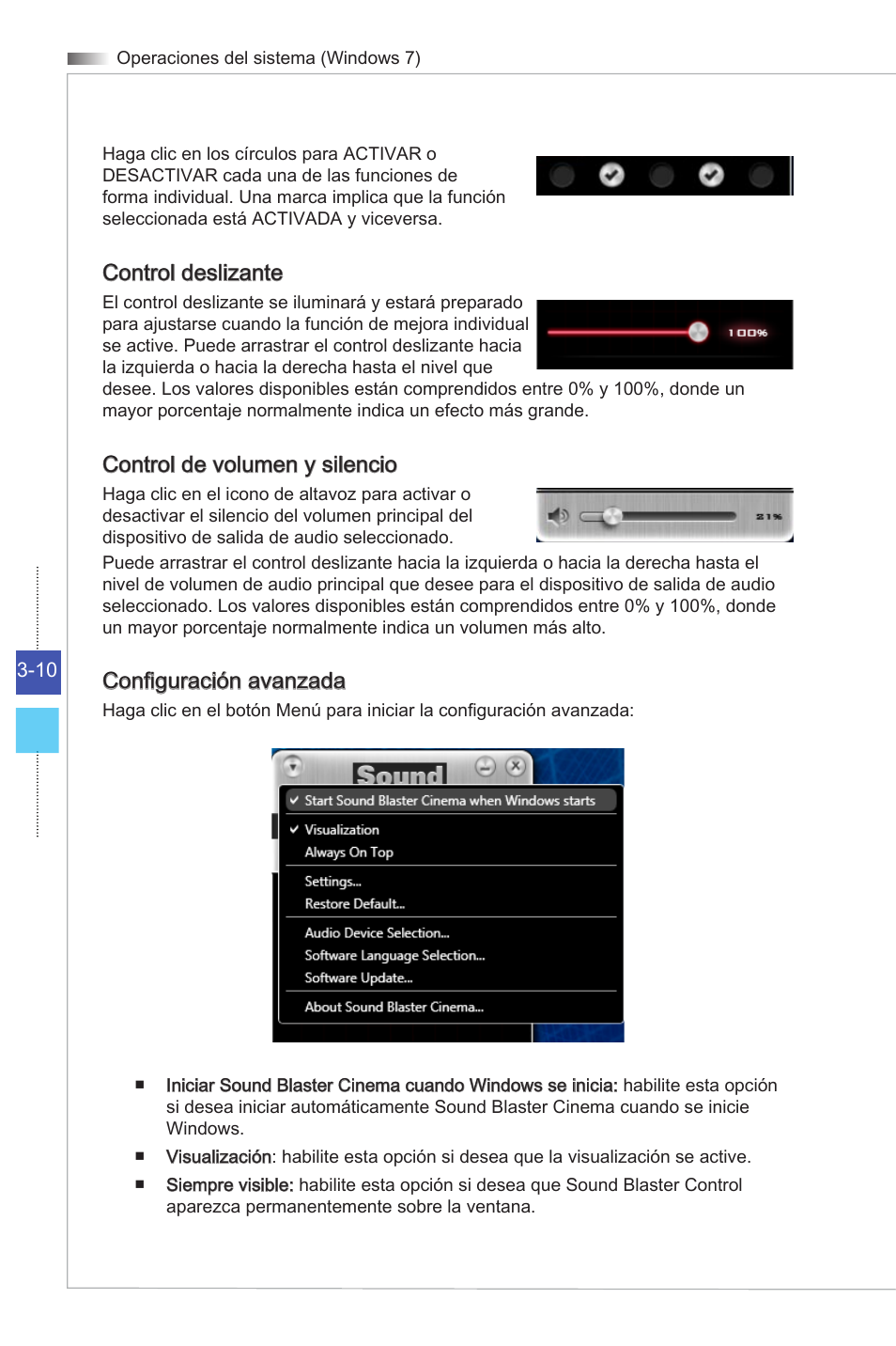 Control deslizante, Control de volumen y silencio, Configuración avanzada | MSI ADORA24G 0NC User Manual | Page 40 / 91