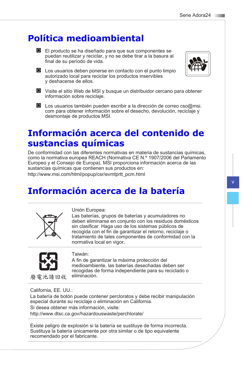 Política medioambiental, Información acerca de la batería | MSI ADORA24G 0NC User Manual | Page 5 / 91