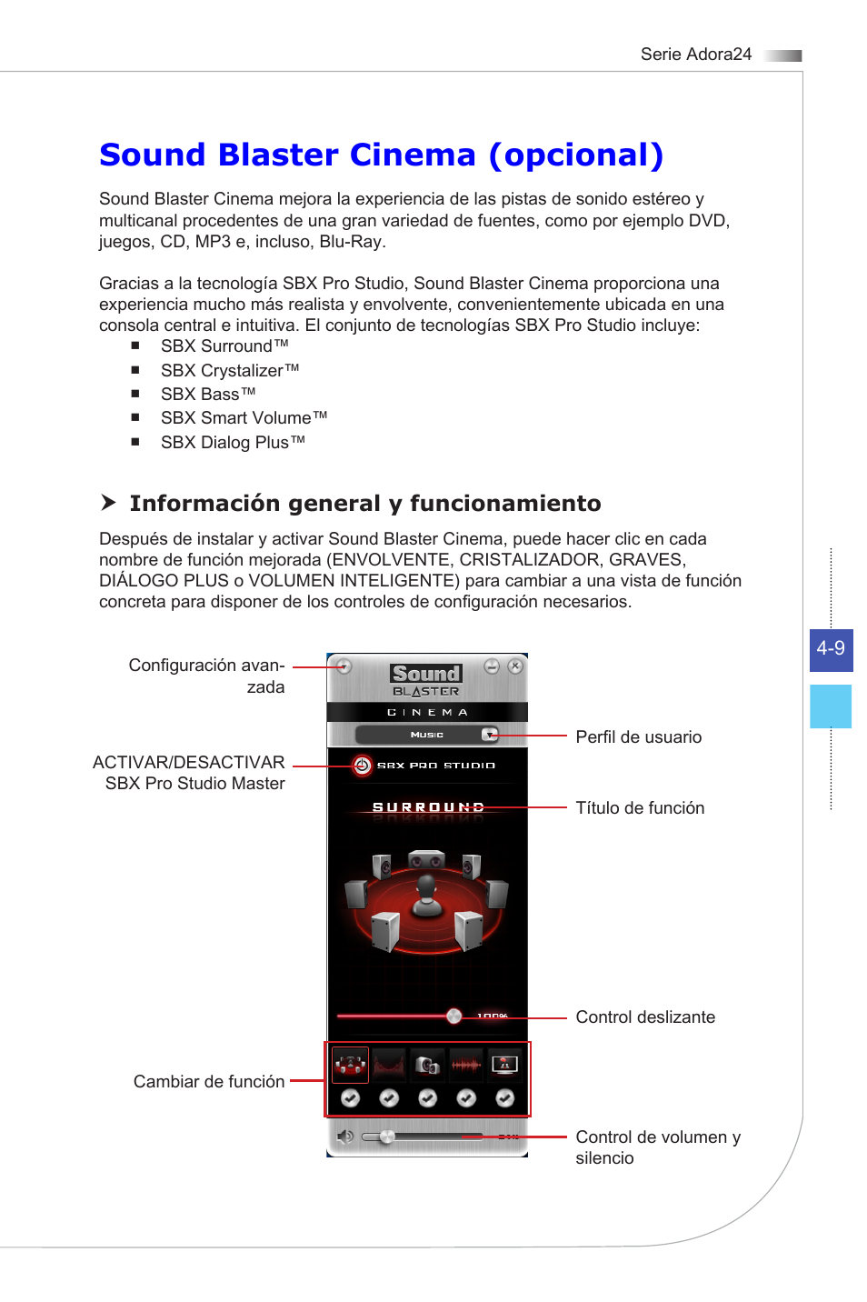 Sound blaster cinema (opcional), Información general y funcionamiento | MSI ADORA24G 0NC User Manual | Page 65 / 91