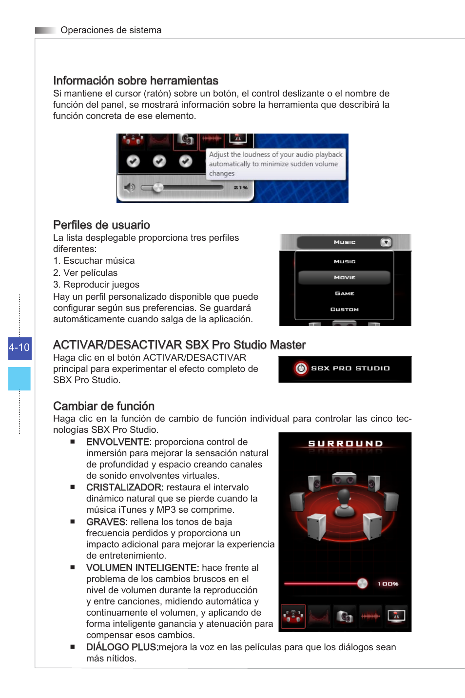 Información sobre herramientas, Perfiles de usuario, Activar/desactivar sbx pro studio master | Cambiar de función | MSI ADORA24G 0NC User Manual | Page 66 / 91