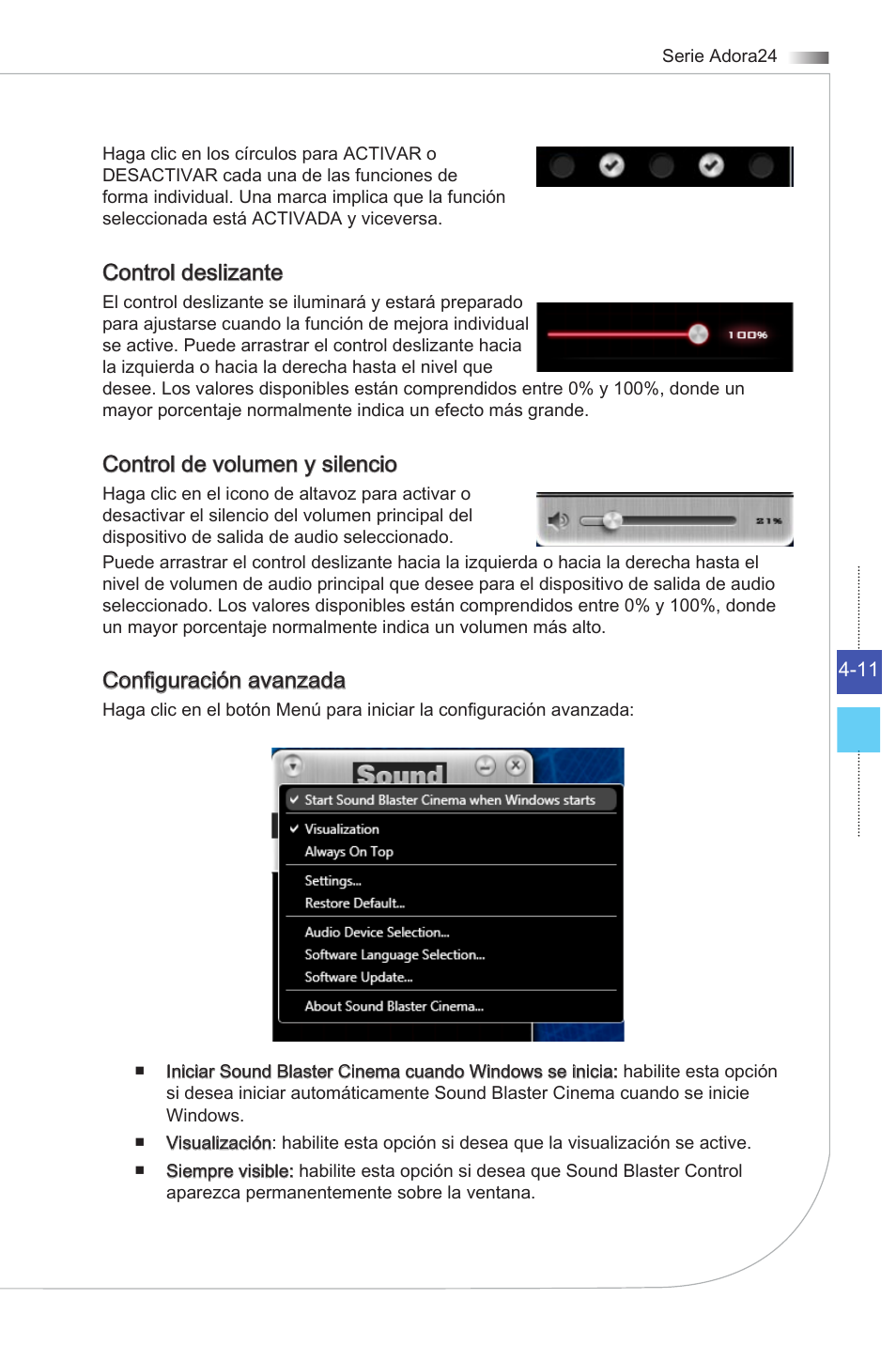 Control deslizante, Control de volumen y silencio, Configuración avanzada | MSI ADORA24G 0NC User Manual | Page 67 / 91