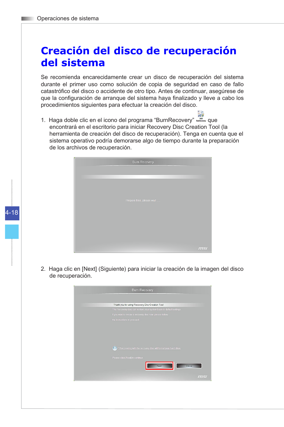 Creación del disco de recuperación del sistema | MSI ADORA24G 0NC User Manual | Page 74 / 91