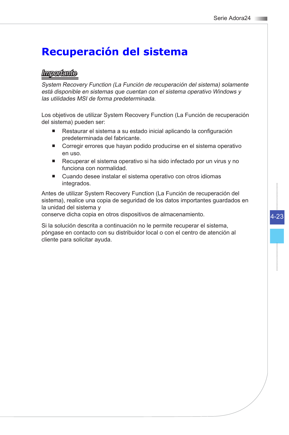 Recuperación del sistema, Importante | MSI ADORA24G 0NC User Manual | Page 79 / 91