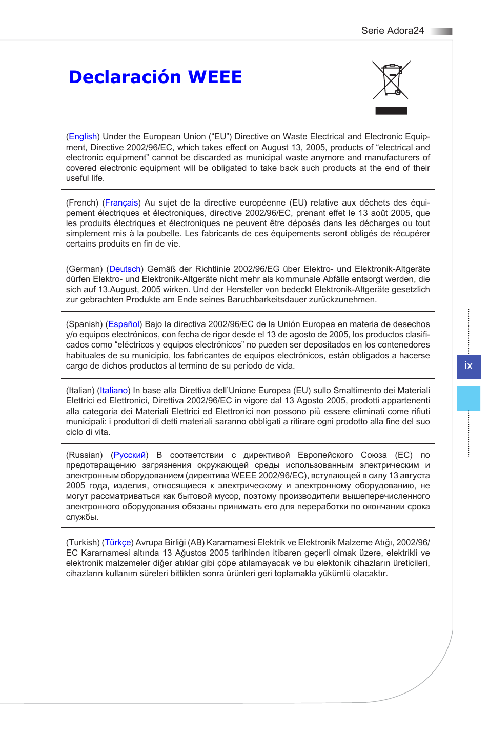 Declaración weee | MSI ADORA24G 0NC User Manual | Page 9 / 91