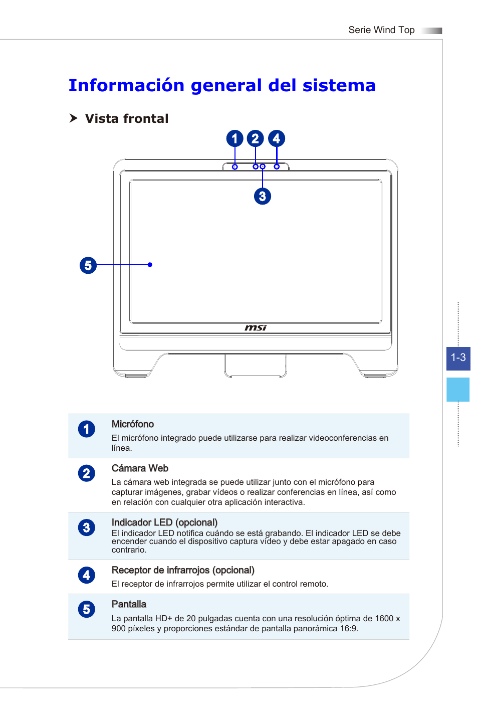 Información general del sistema, Vista frontal | MSI WIND TOP AE2081 User Manual | Page 15 / 87
