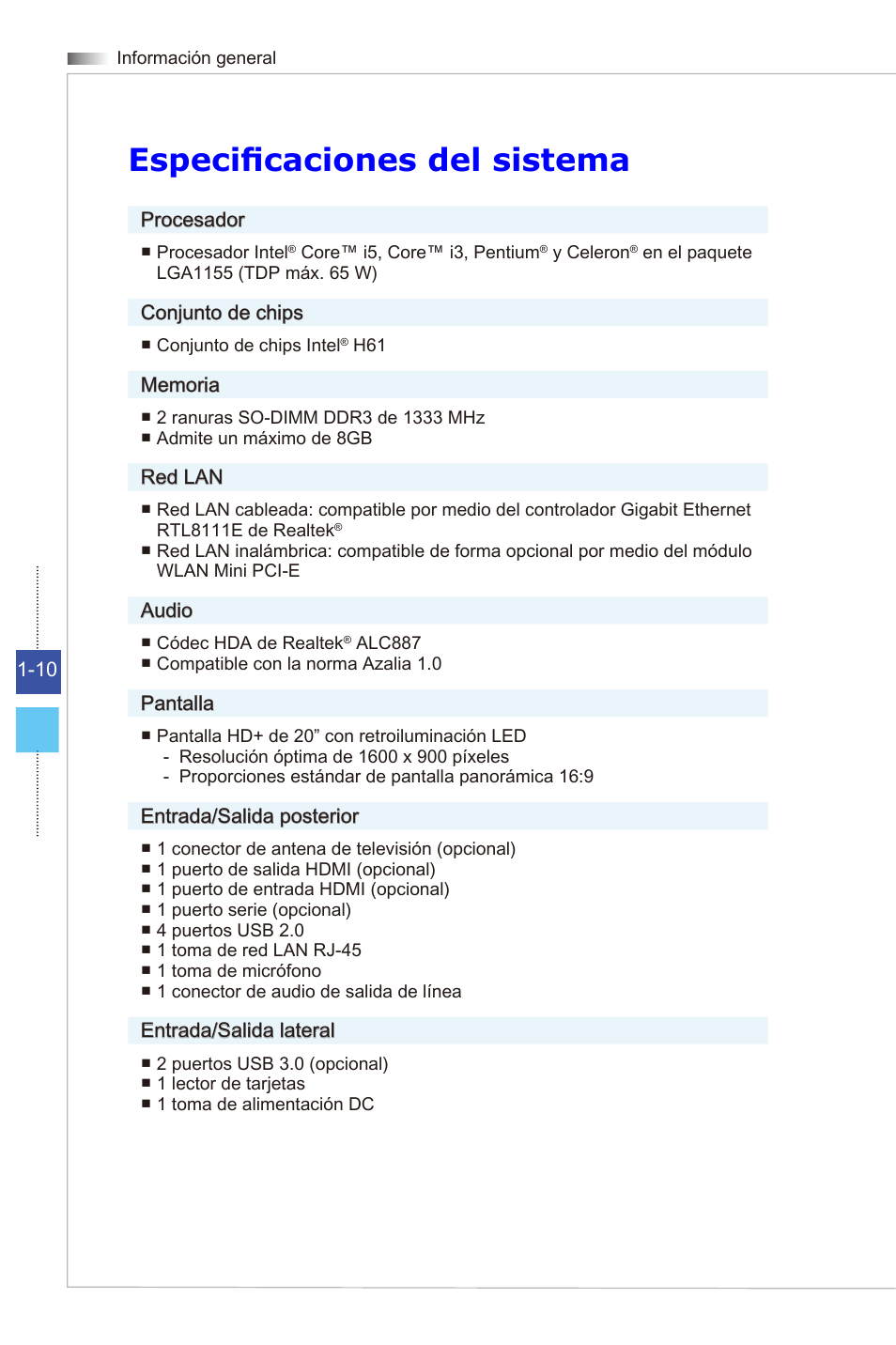 Especificaciones del sistema | MSI WIND TOP AE2081 User Manual | Page 22 / 87