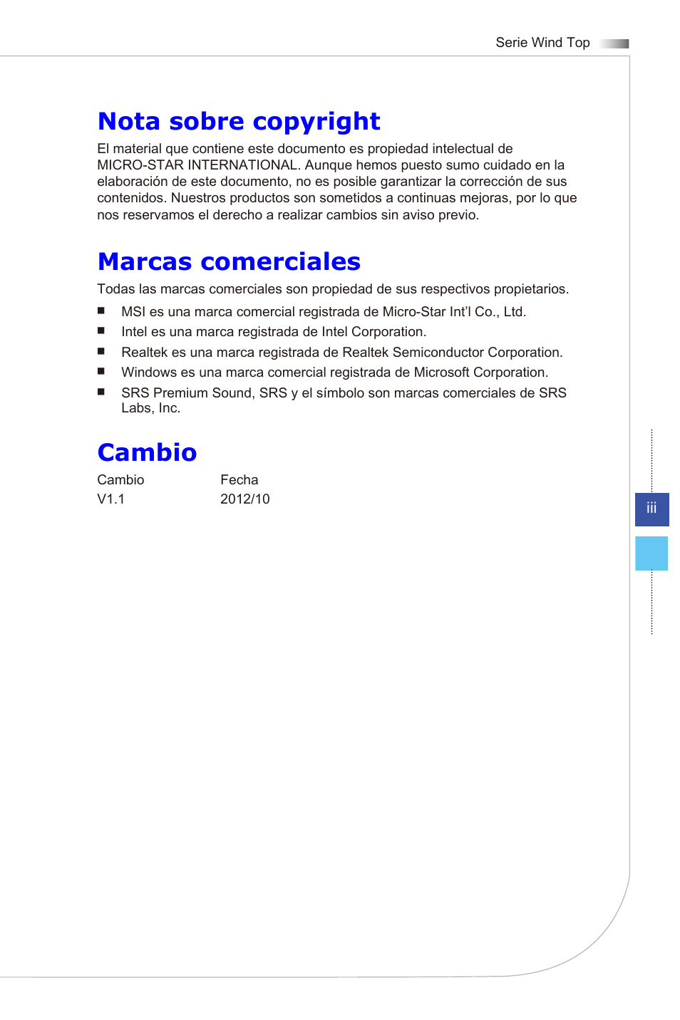 Nota sobre copyright, Marcas comerciales, Cambio | MSI WIND TOP AE2081 User Manual | Page 3 / 87