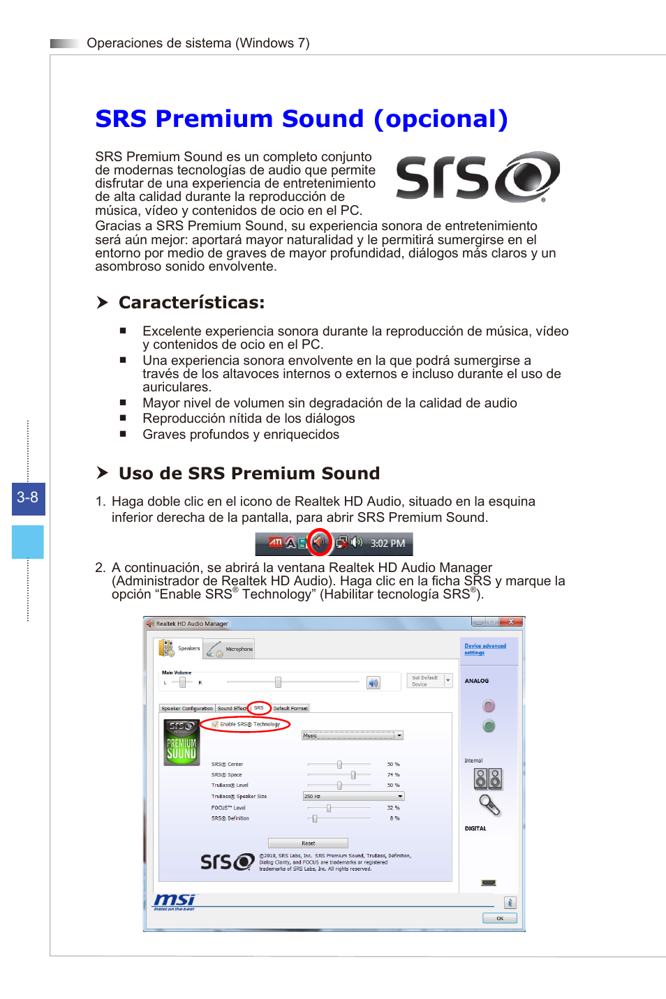 Srs premium sound (opcional), Características, Uso de srs premium sound | MSI WIND TOP AE2081 User Manual | Page 38 / 87