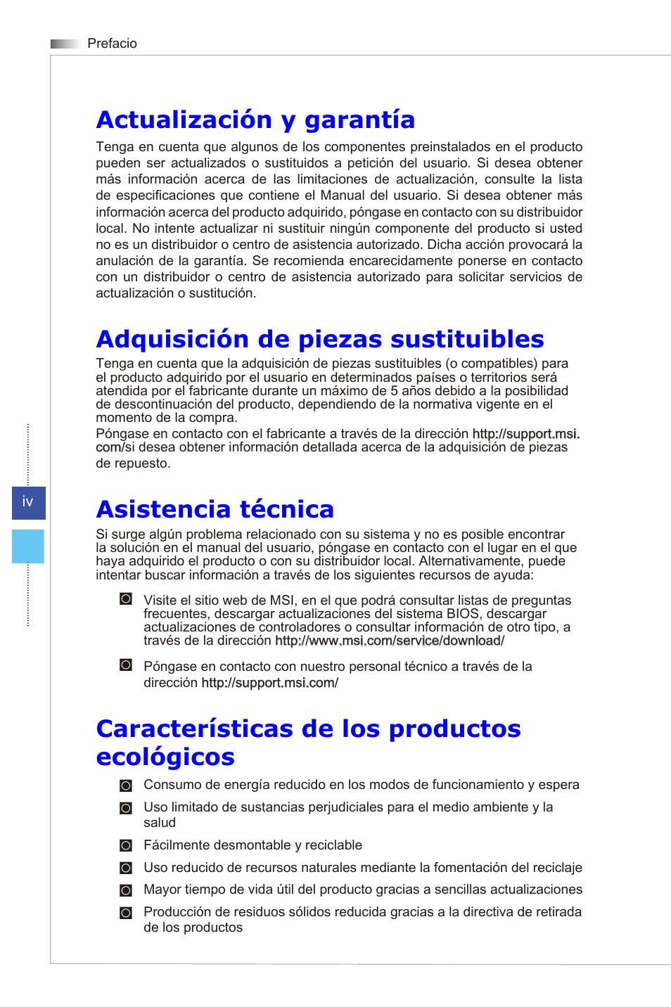 Actualización y garantía, Adquisición de piezas sustituibles, Asistencia técnica | Características de los productos ecológicos | MSI WIND TOP AE2081 User Manual | Page 4 / 87