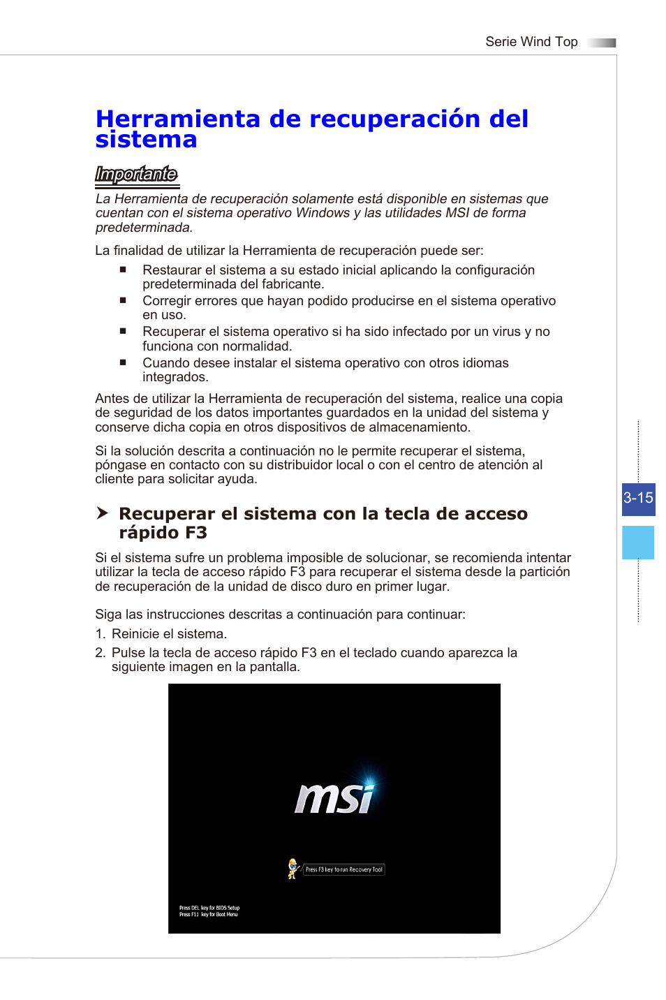 Herramienta de recuperación del sistema, Importante | MSI WIND TOP AE2081 User Manual | Page 45 / 87