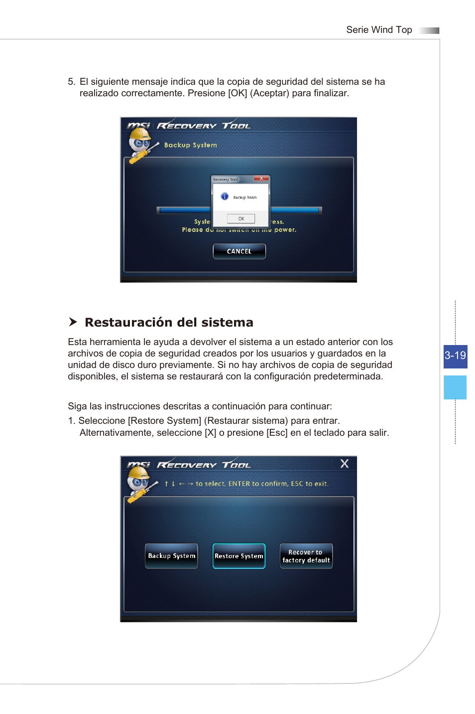 Restauración del sistema | MSI WIND TOP AE2081 User Manual | Page 49 / 87