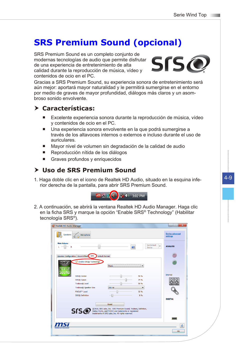 Srs premium sound (opcional), Características, Uso de srs premium sound | MSI WIND TOP AE2081 User Manual | Page 63 / 87
