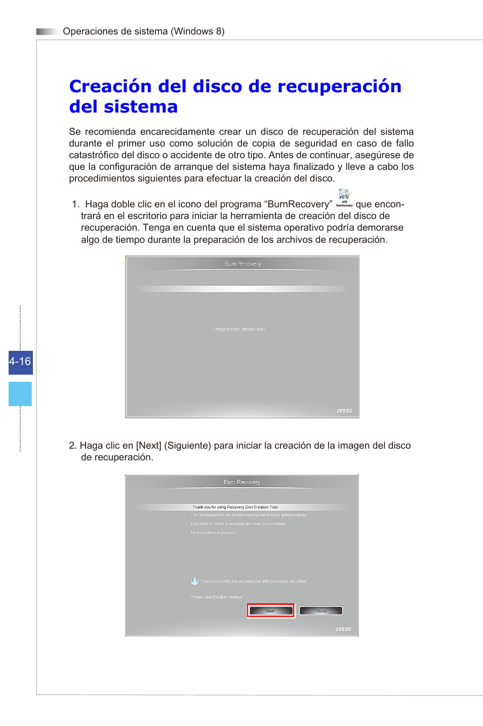 Creación del disco de recuperación del sistema | MSI WIND TOP AE2081 User Manual | Page 70 / 87