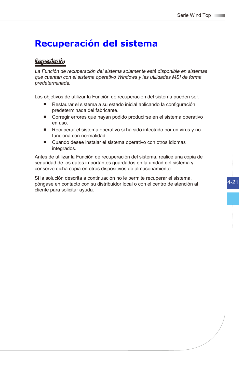 Recuperación del sistema, Importante | MSI WIND TOP AE2081 User Manual | Page 75 / 87