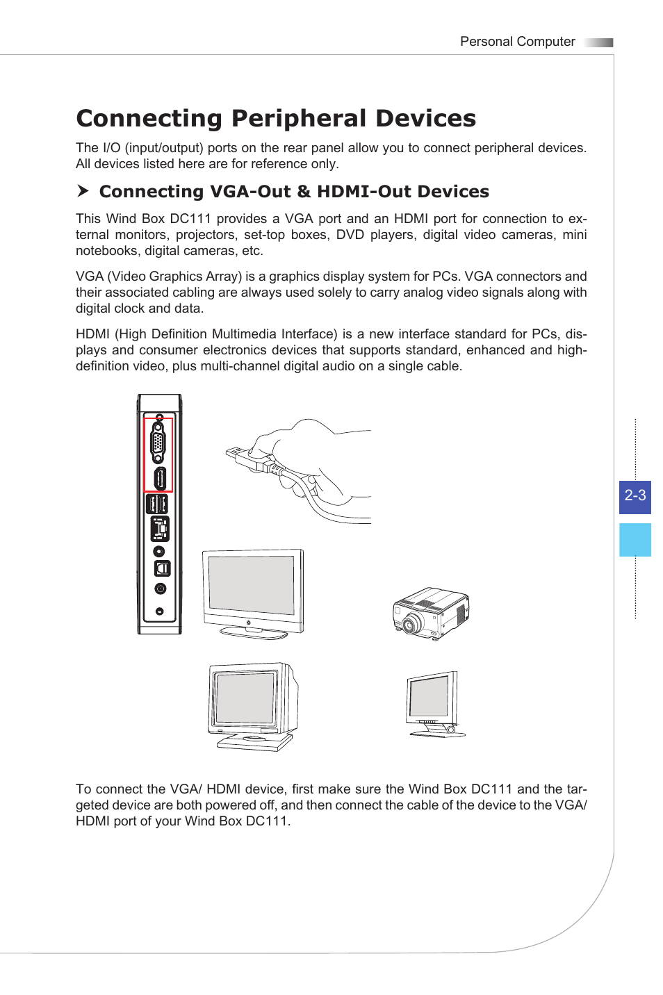 Connecting peripheral devices | MSI WIND BOX DC111 User Manual | Page 19 / 48