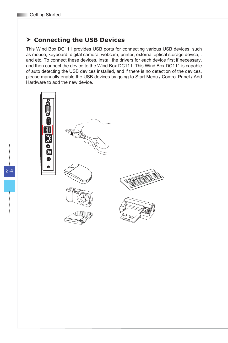 Connecting the usb devices | MSI WIND BOX DC111 User Manual | Page 20 / 48