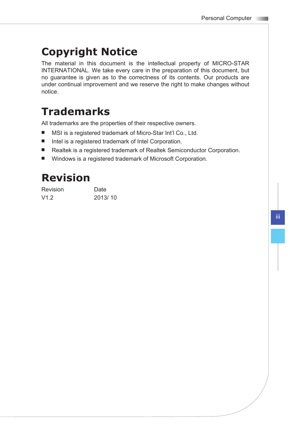 Copyright notice, Trademarks, Revision | MSI WIND BOX DC111 User Manual | Page 3 / 48