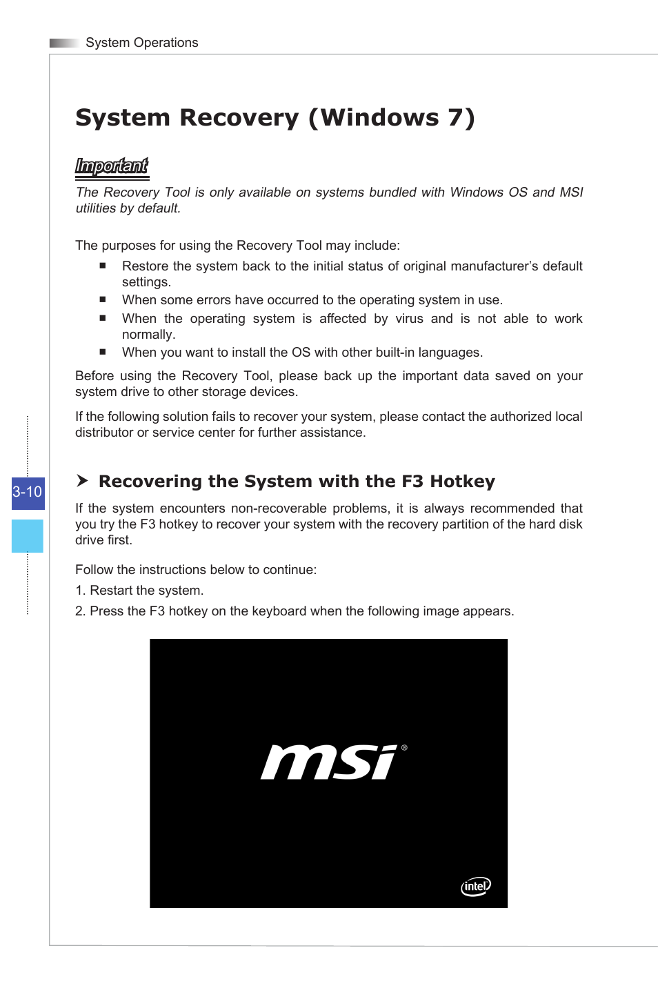 System recovery (windows 7), Important, Recovering the system with the f3 hotkey | MSI WIND BOX DC111 User Manual | Page 34 / 48