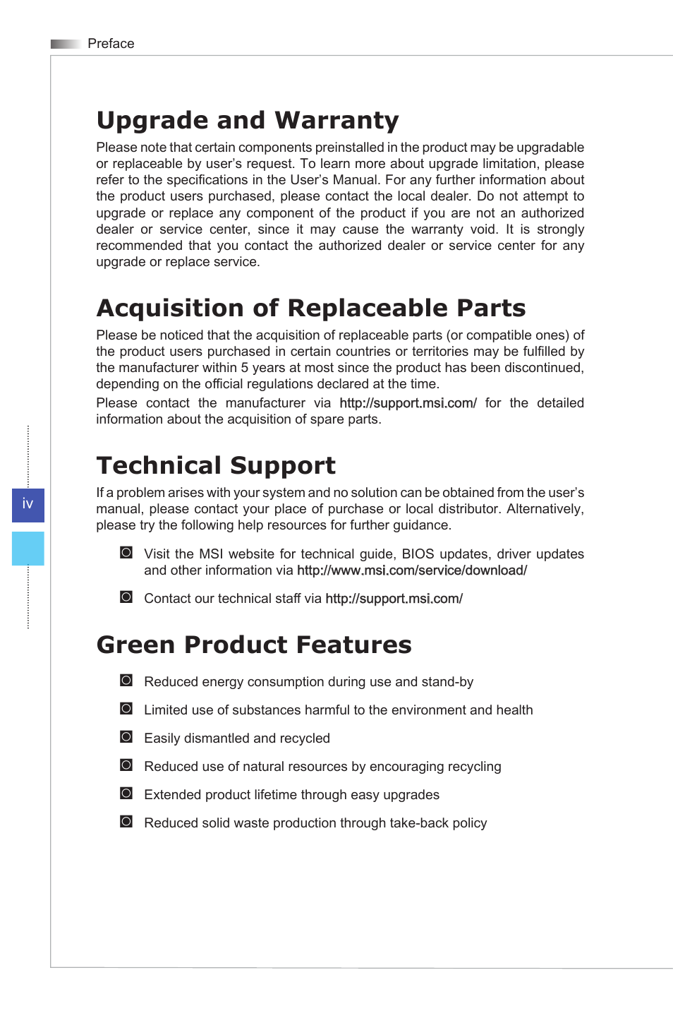 Upgrade and warranty, Acquisition of replaceable parts, Technical support | Green product features | MSI WIND BOX DC111 User Manual | Page 4 / 48