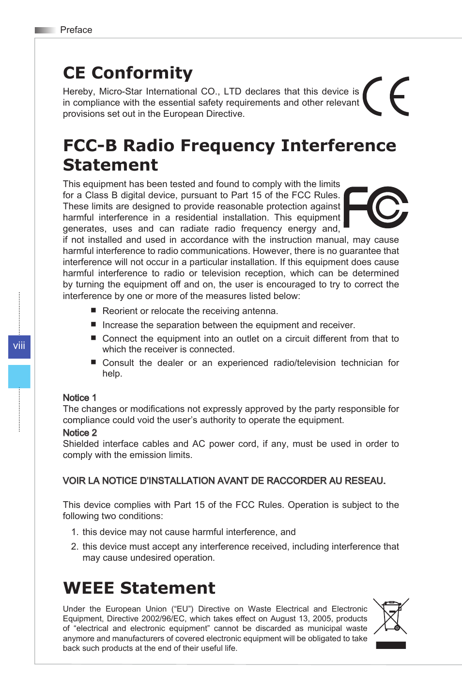 Ce conformity, Fcc-b radio frequency interference statement, Weee statement | MSI WIND BOX DC111 User Manual | Page 8 / 48