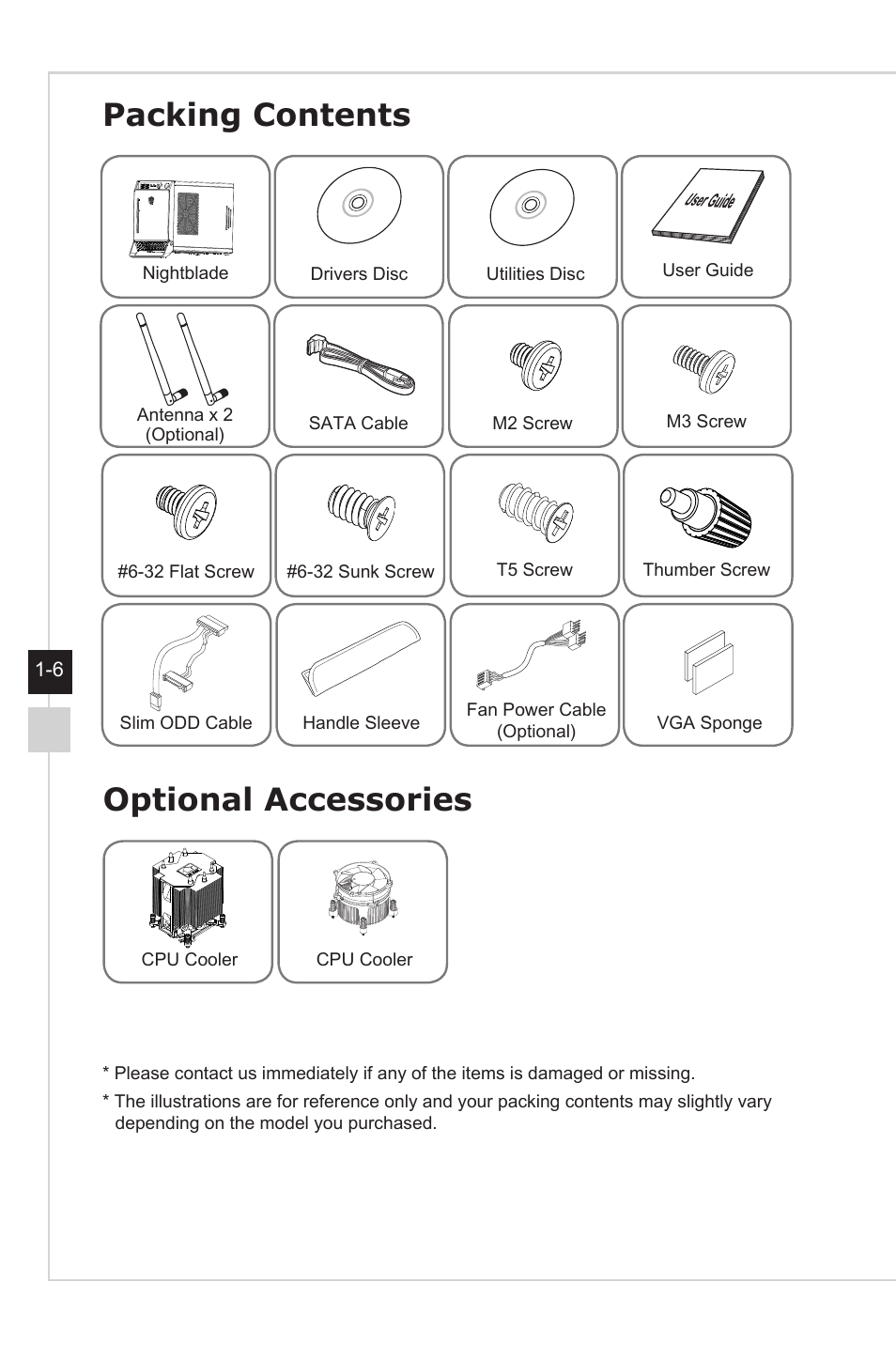 Packing contents, Optional accessories | MSI NIGHTBLADE Z97 User Manual | Page 14 / 28