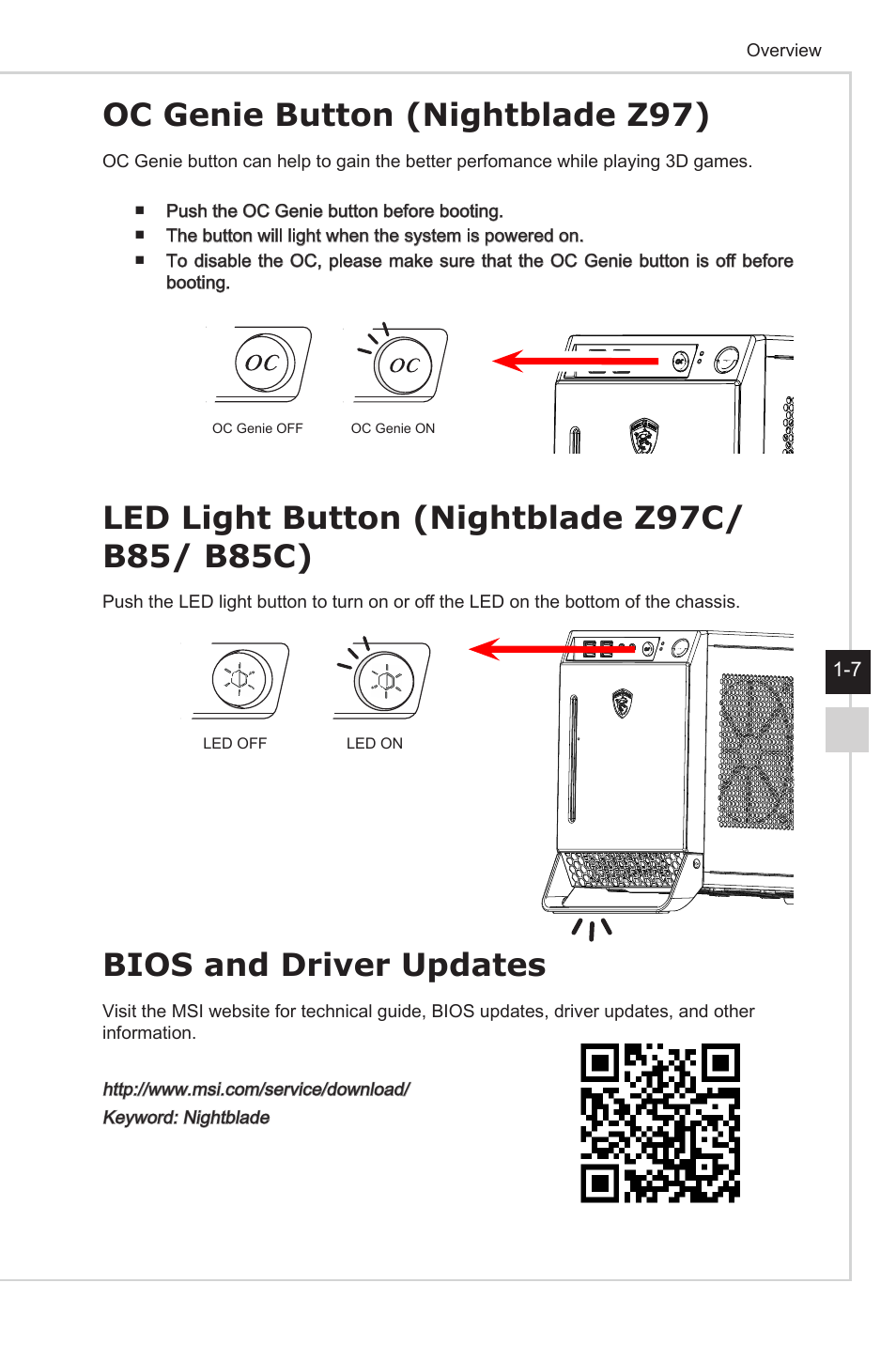 Oc genie button (nightblade z97), Led light button (nightblade z97c/ b85/b85c), Bios and driver updates | MSI NIGHTBLADE Z97 User Manual | Page 15 / 28