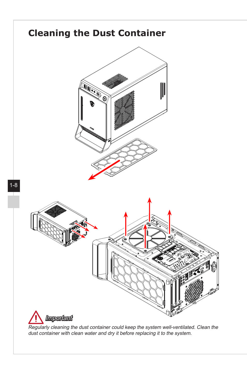 Cleaning the dust container | MSI NIGHTBLADE Z97 User Manual | Page 16 / 28