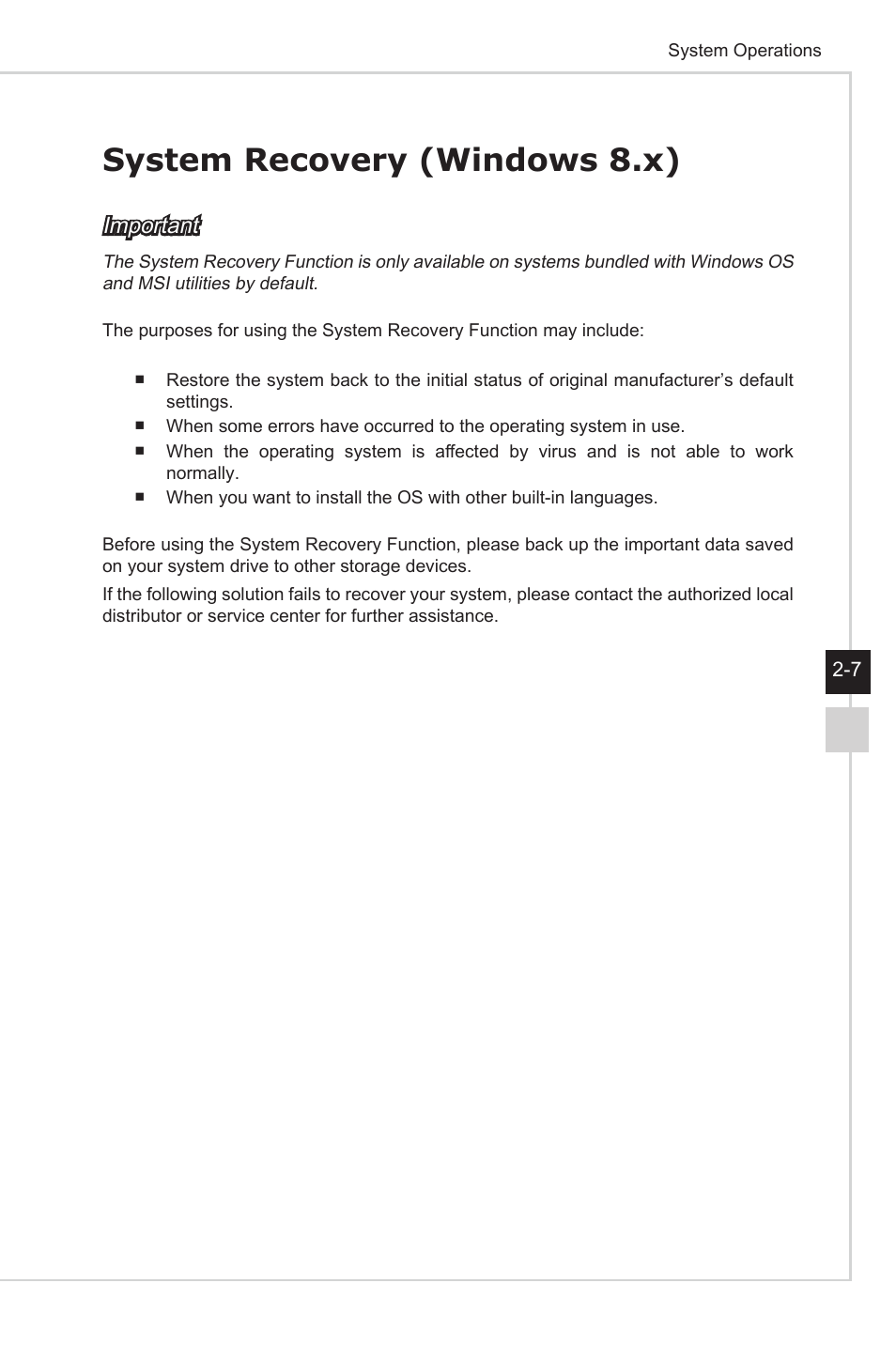 System recovery (windows 8.x), System recovery (windows | MSI NIGHTBLADE Z97 User Manual | Page 23 / 28