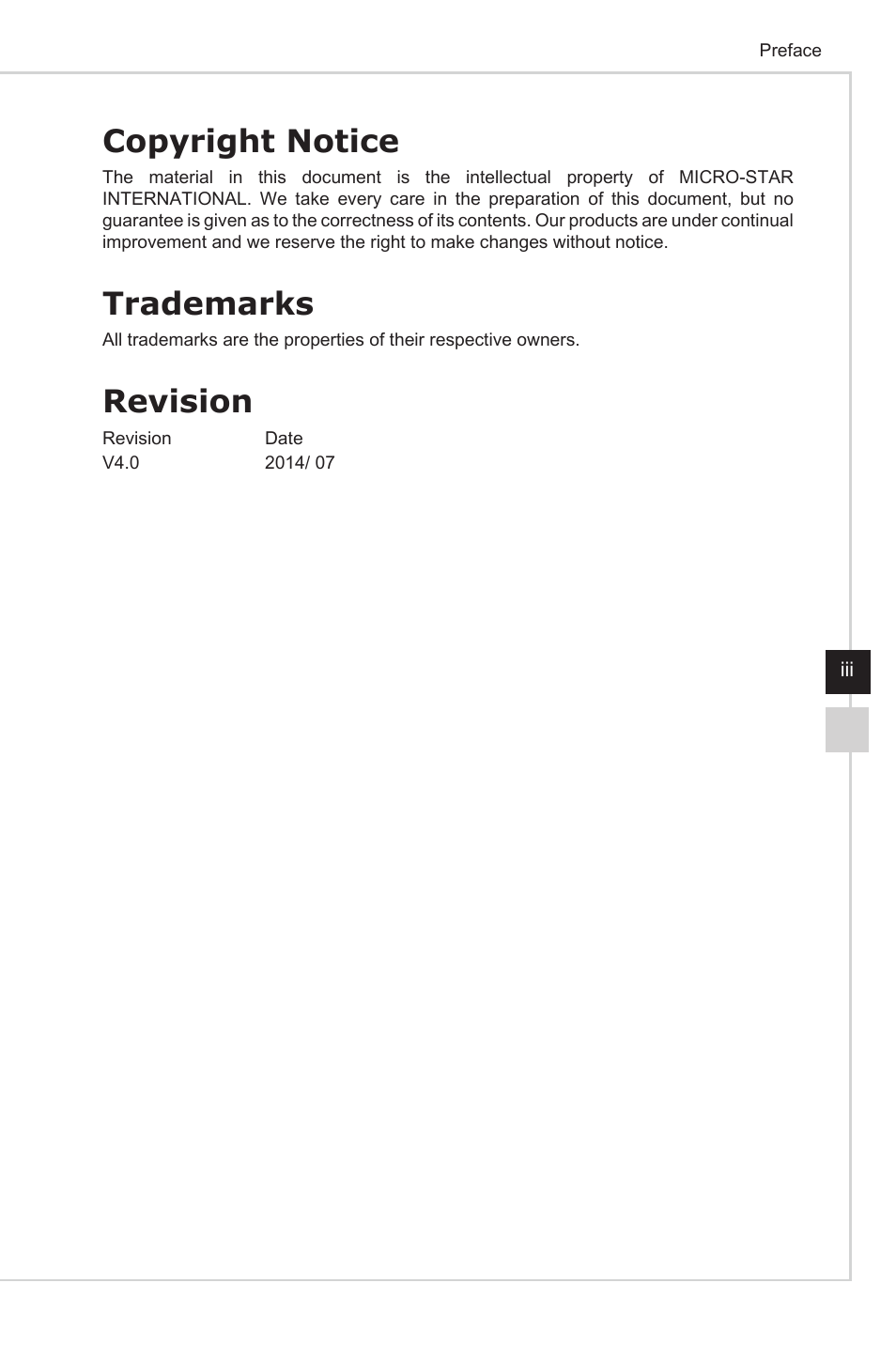 Copyright notice, Trademarks, Revision | MSI NIGHTBLADE Z97 User Manual | Page 3 / 28