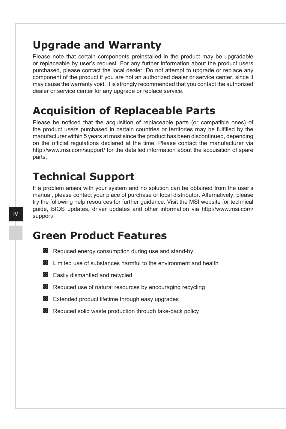 Upgrade and warranty, Acquisition of replaceable parts, Technical support | Green product features | MSI NIGHTBLADE Z97 User Manual | Page 4 / 28