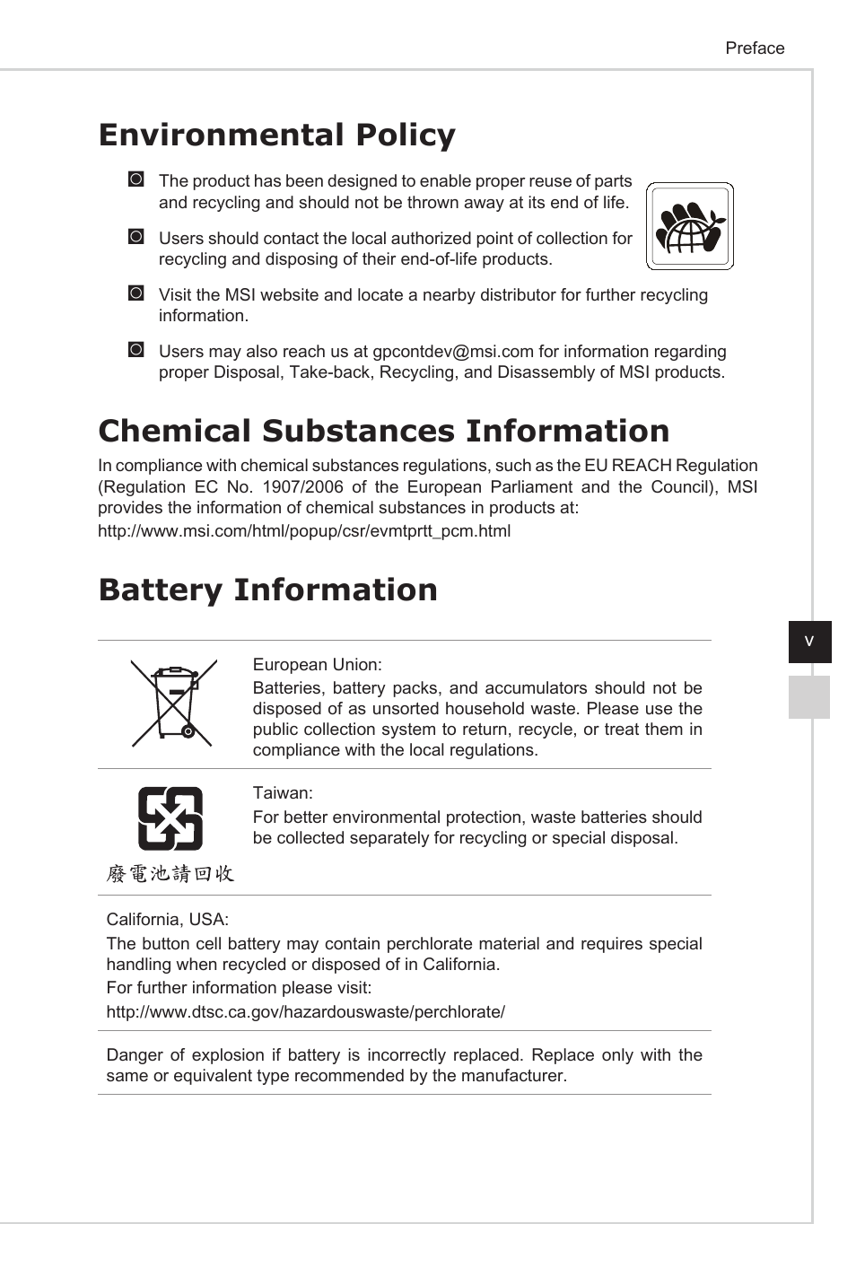 Environmental policy, Chemical substances information, Battery information | MSI NIGHTBLADE Z97 User Manual | Page 5 / 28