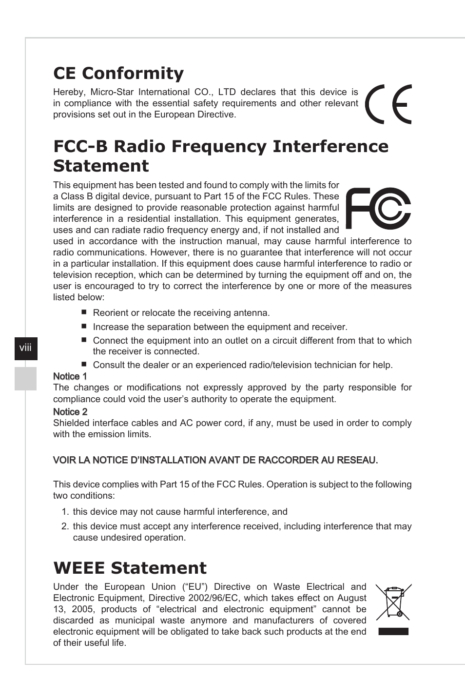 Ce conformity, Fcc-b radio frequency interference statement, Weee statement | MSI NIGHTBLADE Z97 User Manual | Page 8 / 28