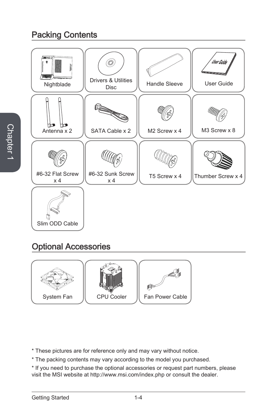 Packing contents -4 optional accessories -4, Chapter 1, Packing contents | Optional accessories | MSI NIGHTBLADE Manual User Manual | Page 16 / 33