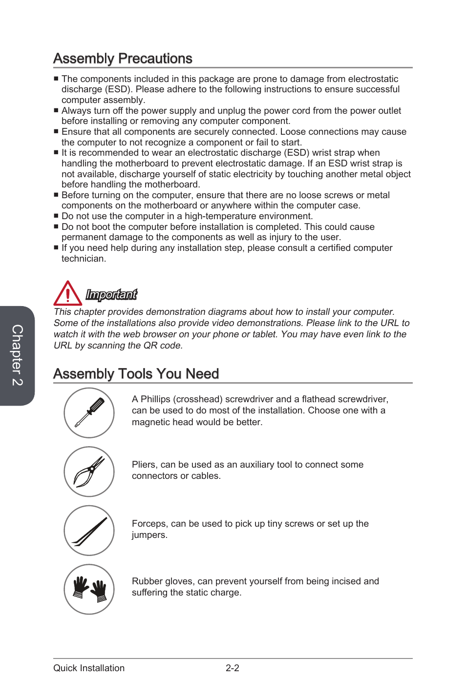 Assembly precautions -2 assembly tools you need -2, Chapter 2, Assembly precautions | Assembly tools you need, Important | MSI NIGHTBLADE Manual User Manual | Page 18 / 33