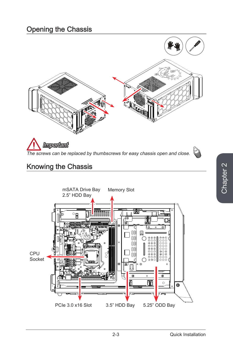 Opening the chassis -3 knowing the chassis -3, Chapter 2, Opening the chassis knowing the chassis | MSI NIGHTBLADE Manual User Manual | Page 19 / 33