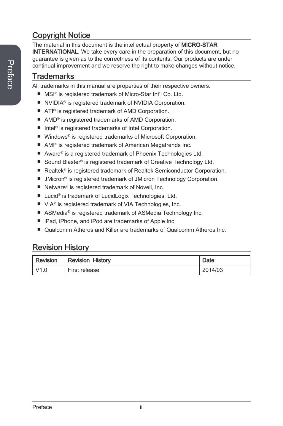 Preface, Copyright notice, Trademarks | Revision history | MSI NIGHTBLADE Manual User Manual | Page 2 / 33