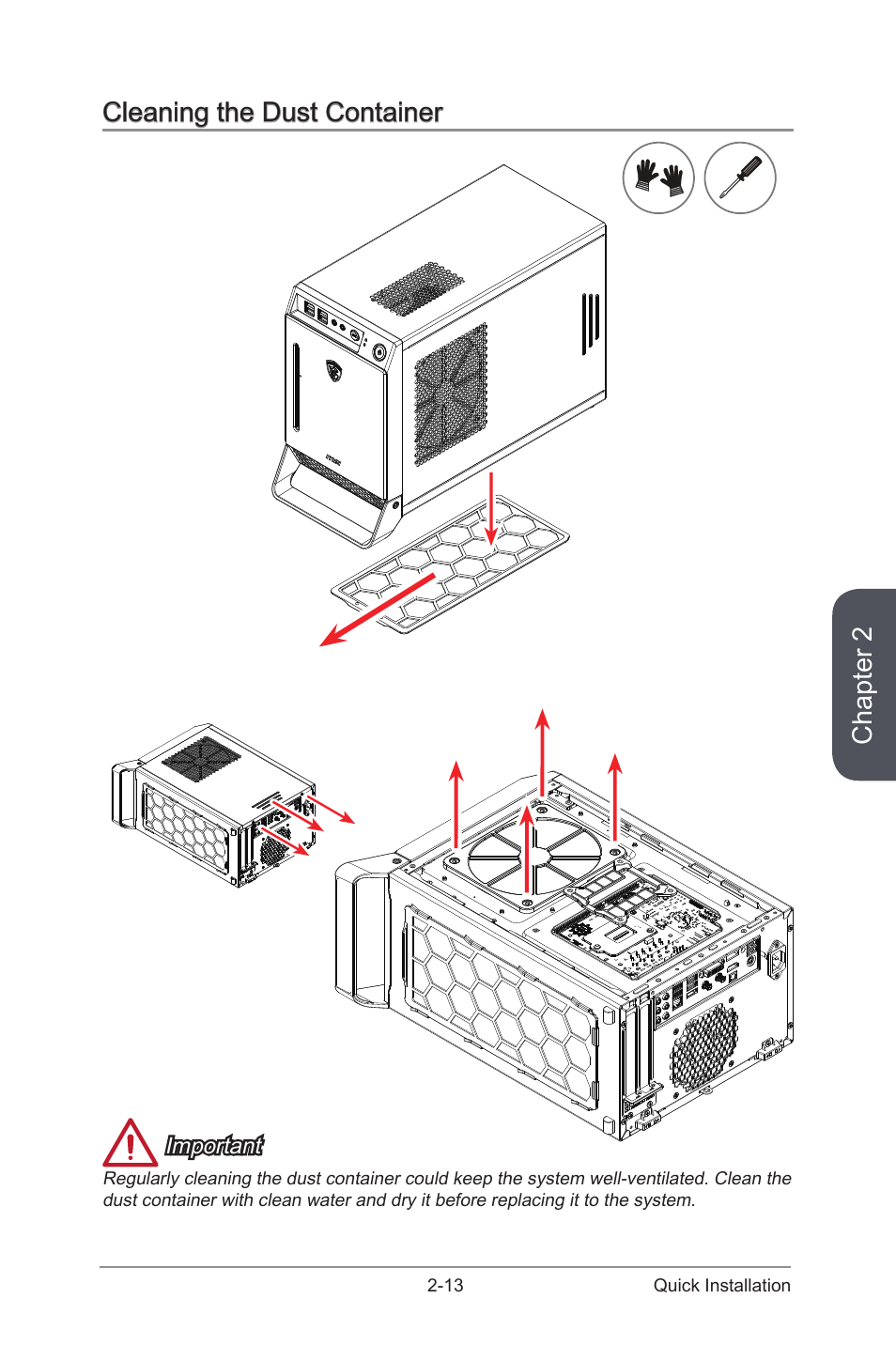 Cleaning the dust container -13, Chapter 2, Cleaning the dust container | MSI NIGHTBLADE Manual User Manual | Page 29 / 33