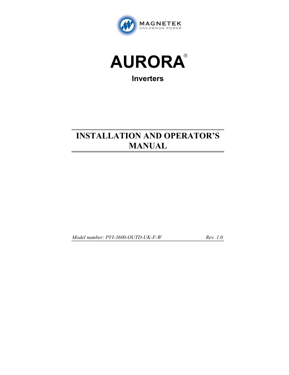 Aurora Electronics MAGNETEK PVI-3600-OUTD-UK-F-W User Manual | 63 pages