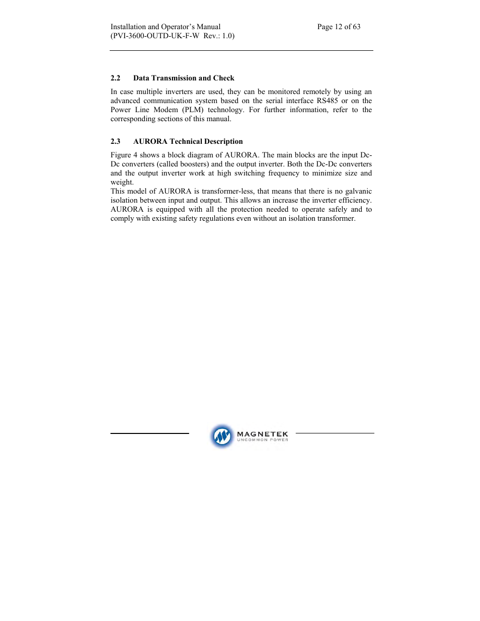 Aurora Electronics MAGNETEK PVI-3600-OUTD-UK-F-W User Manual | Page 12 / 63