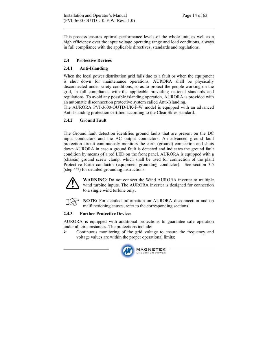 Aurora Electronics MAGNETEK PVI-3600-OUTD-UK-F-W User Manual | Page 14 / 63