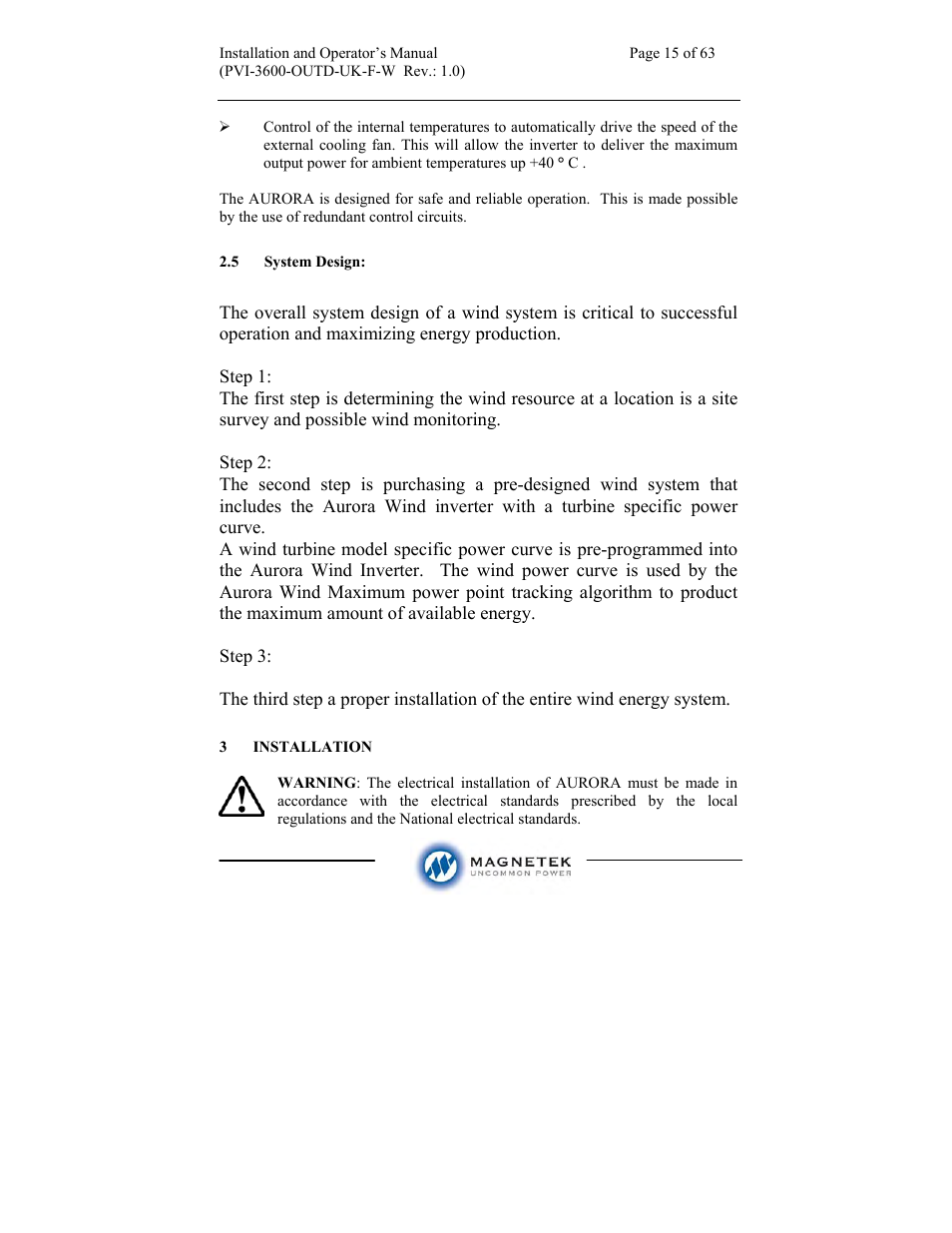 Aurora Electronics MAGNETEK PVI-3600-OUTD-UK-F-W User Manual | Page 15 / 63