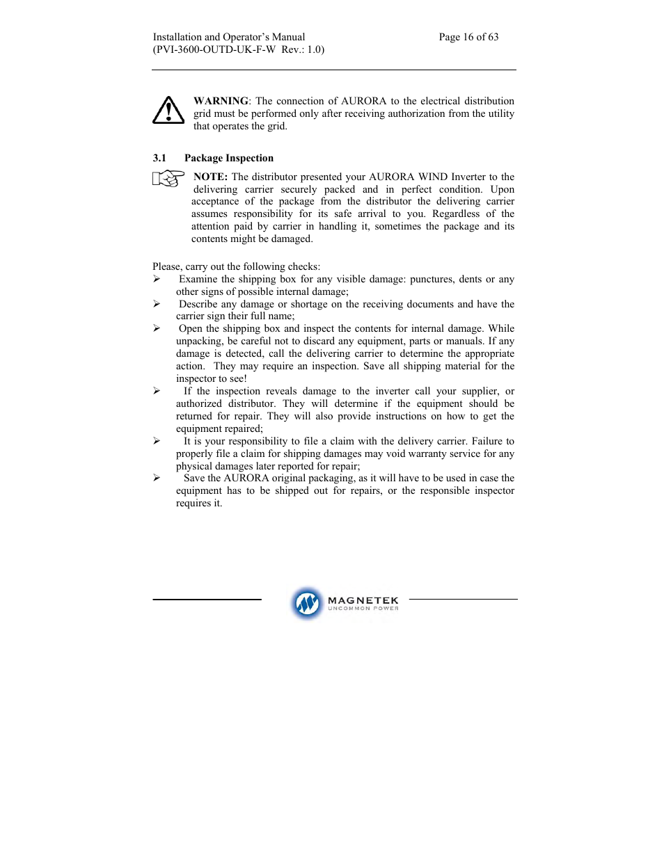 Aurora Electronics MAGNETEK PVI-3600-OUTD-UK-F-W User Manual | Page 16 / 63