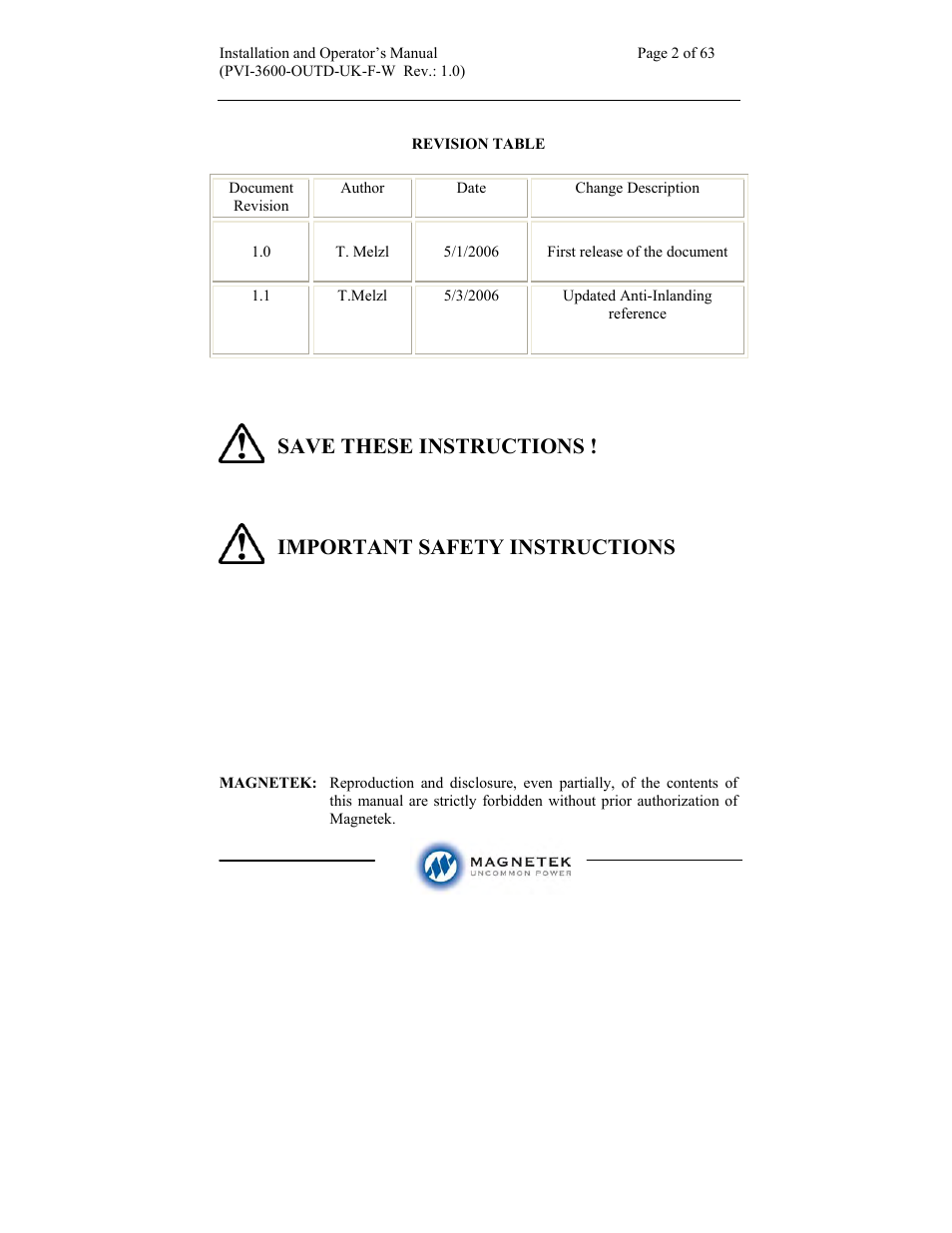 Aurora Electronics MAGNETEK PVI-3600-OUTD-UK-F-W User Manual | Page 2 / 63